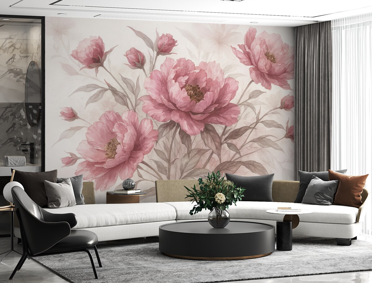 Fototapeta Obraz różowych piwonii z gęstymi liśćmi na jasnym abstrakcyjnym tle.