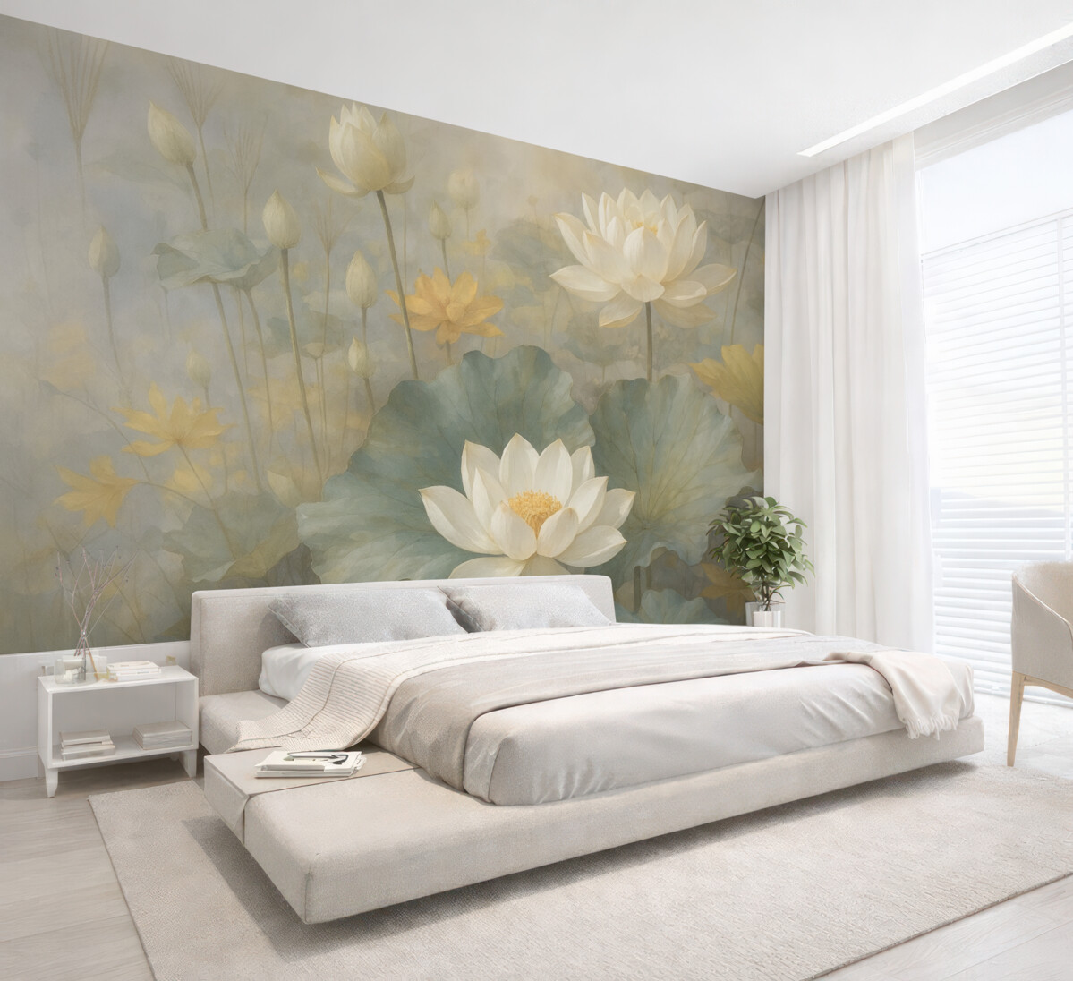 Fototapeta Białe kwiaty lotosu z liśćmi w zbiorniku z delikatnym, rozmytym żółtym i zielonym tłem.