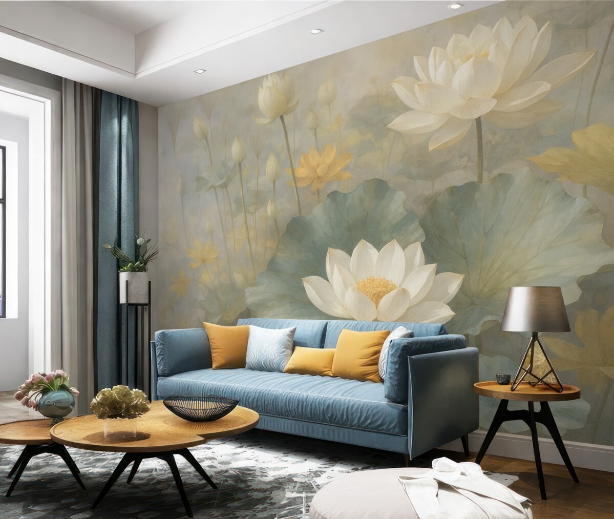 Fototapeta Białe kwiaty lotosu z liśćmi w zbiorniku z delikatnym, rozmytym żółtym i zielonym tłem.