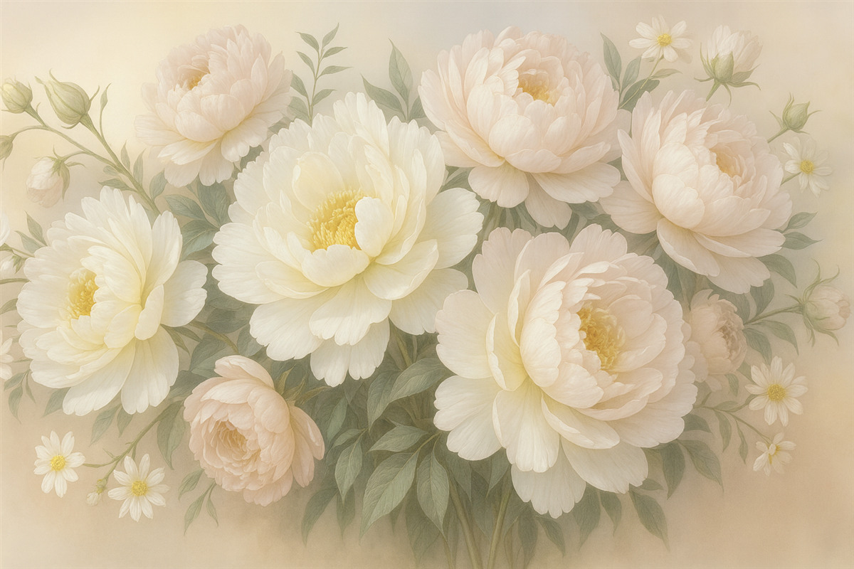 Fototapeta Bukiet soczystych, pastelowych piwonii oraz innych kwiatów na delikatnym, rozmazanym tle.