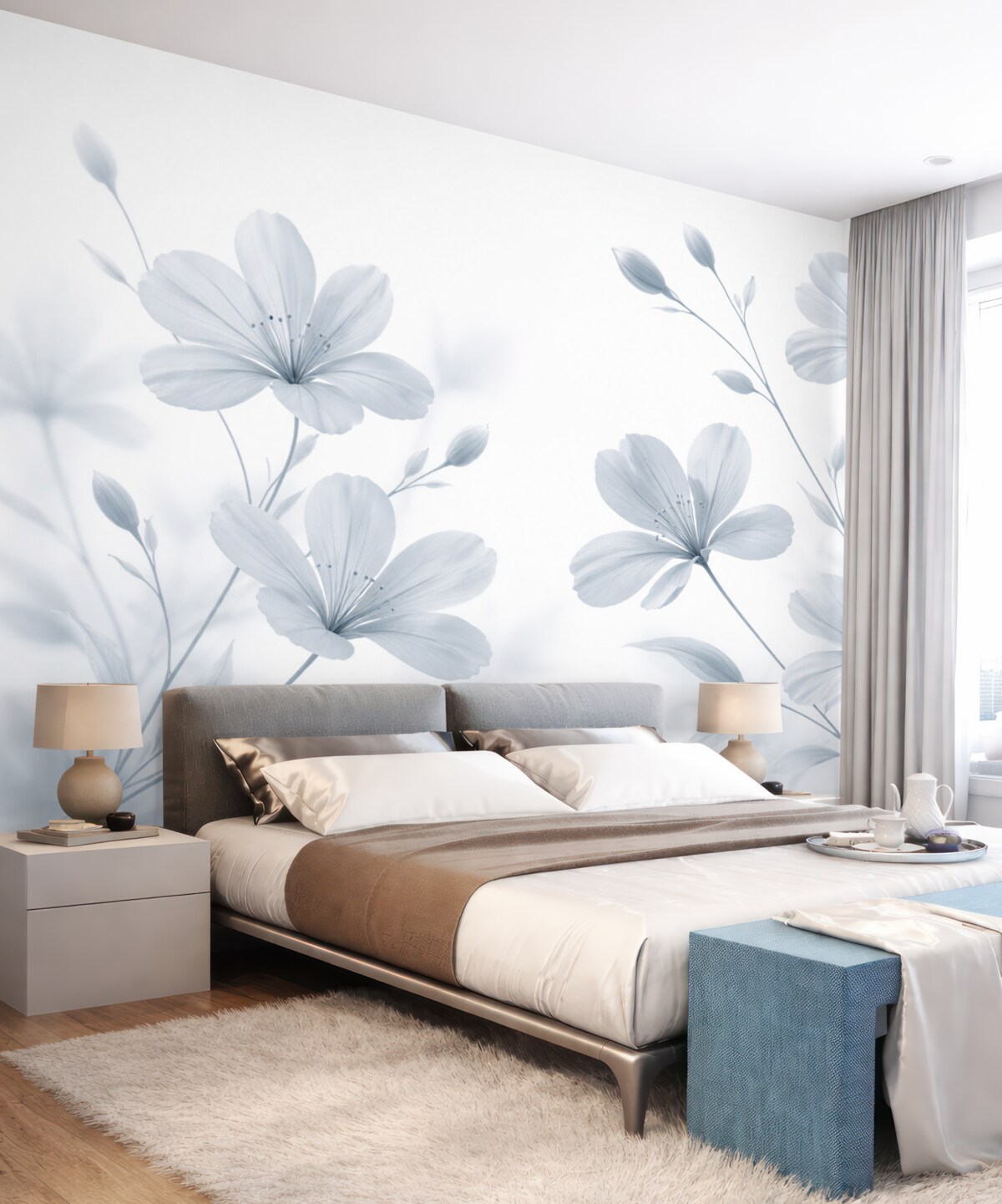 Fototapeta Zbliżenie subtelnych niebieskich kwiatów z łagodnymi, rozmytymi płatkami na gładkim białym tle.