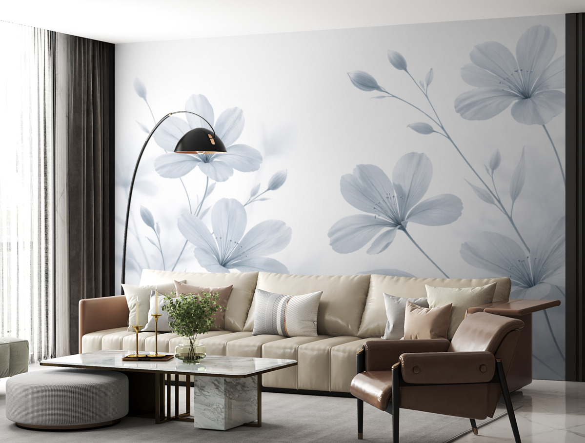 Fototapeta Zbliżenie subtelnych niebieskich kwiatów z łagodnymi, rozmytymi płatkami na gładkim białym tle.