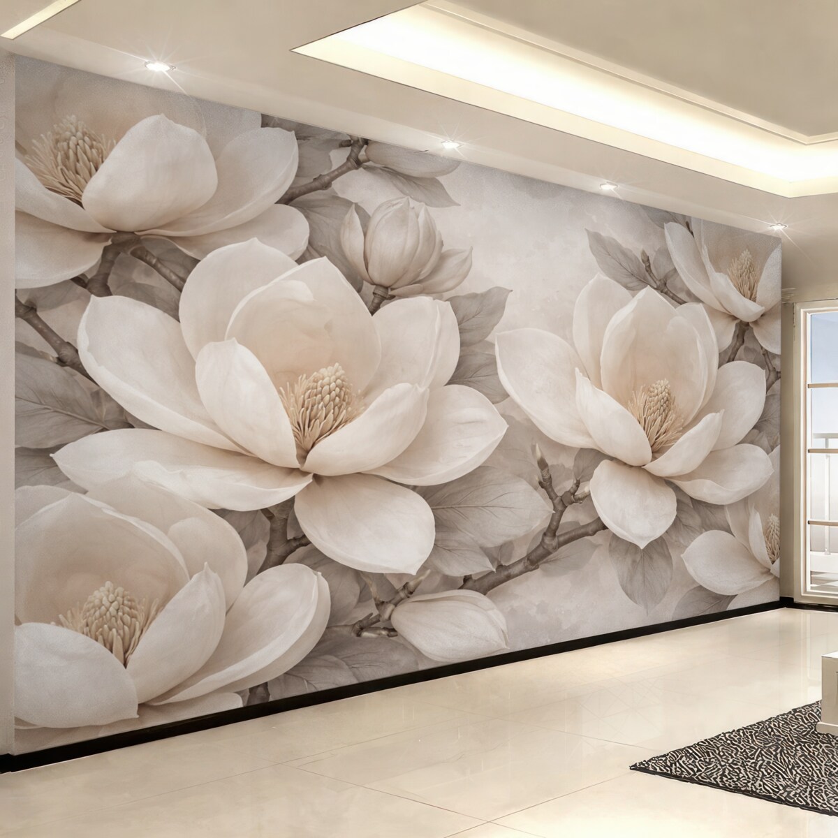 Fototapeta Białe kwiaty magnolii w pełnym rozkwicie, z gładkimi, subtelnymi płatkami i teksturowanym naturalnym tłem.