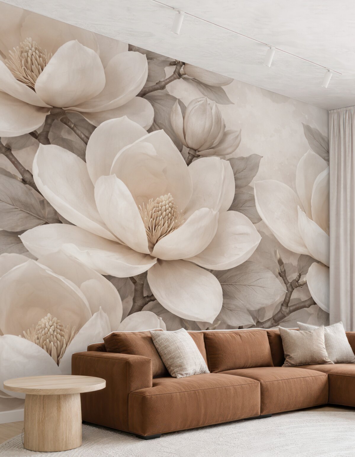 Fototapeta Białe kwiaty magnolii w pełnym rozkwicie, z gładkimi, subtelnymi płatkami i teksturowanym naturalnym tłem.