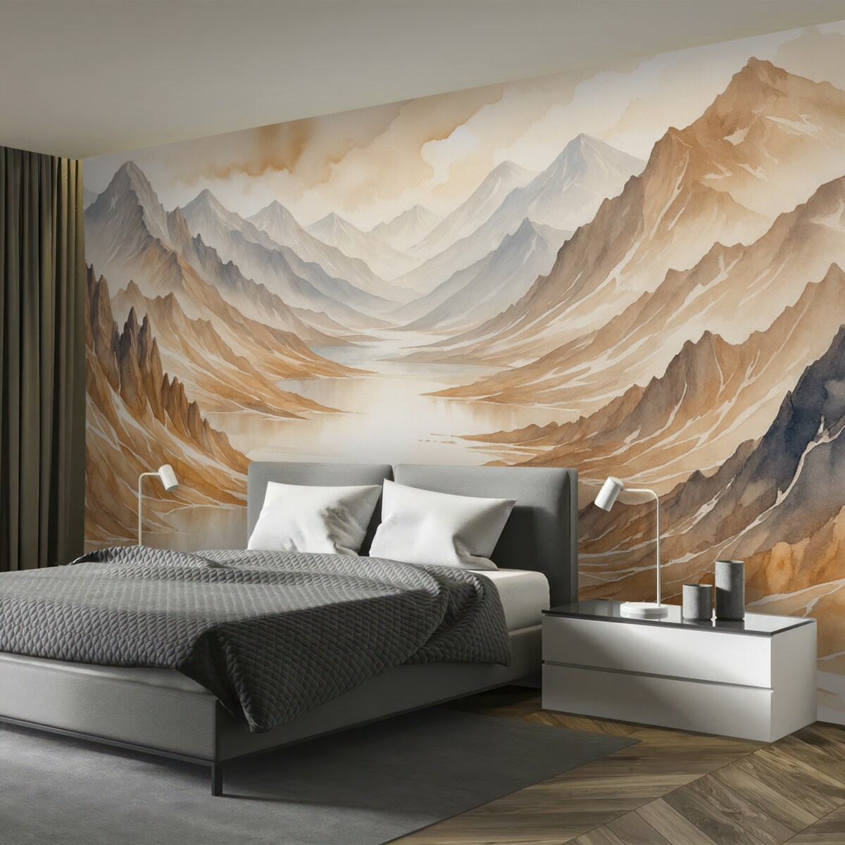 Fototapeta Cichy akwarelowy pejzaż z falistymi pagórkami i wzgórzami w oddali, spowity delikatną, mglistą mgiełką.