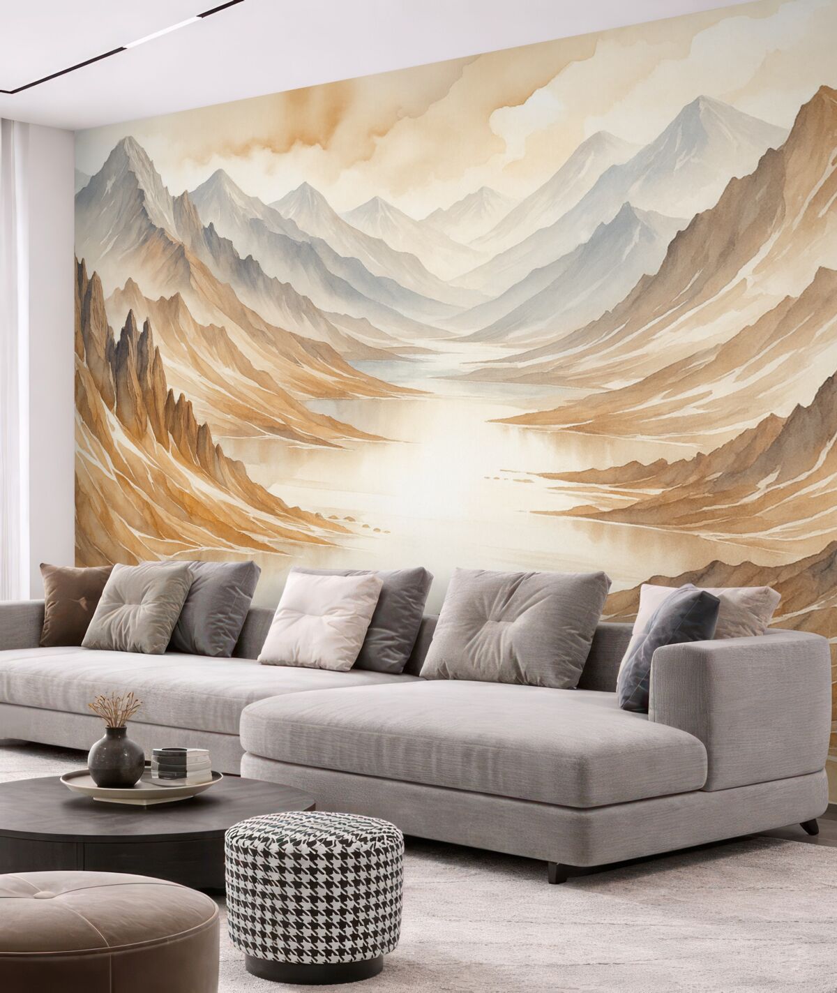 Fototapeta Cichy akwarelowy pejzaż z falistymi pagórkami i wzgórzami w oddali, spowity delikatną, mglistą mgiełką.