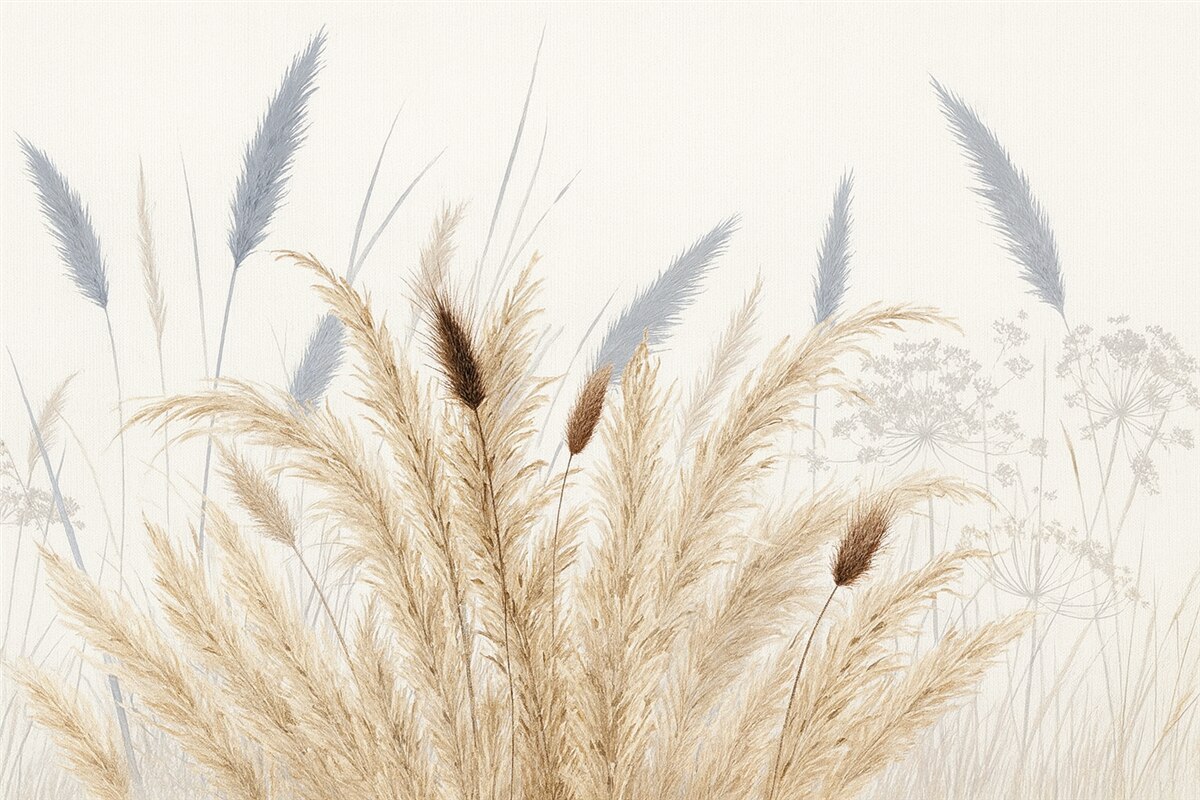 Fototapeta Wysokie źdźbła pszenicy oraz trawy z puszystymi białymi kwiatostanami na jasnym tle.