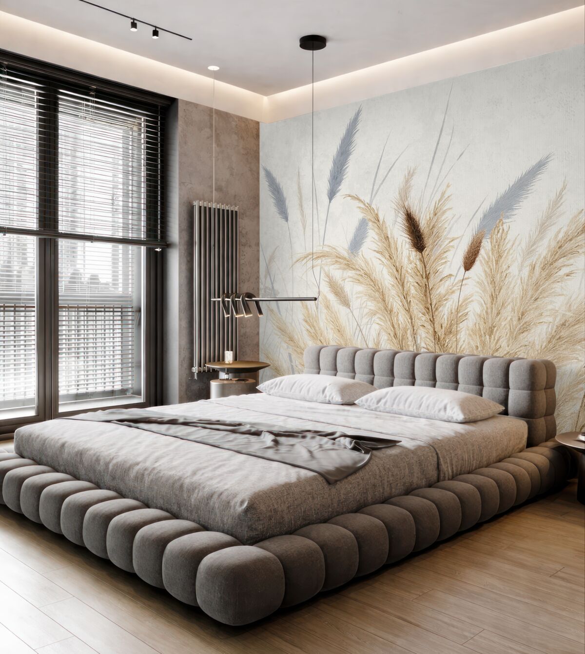 Fototapeta Wysokie źdźbła pszenicy oraz trawy z puszystymi białymi kwiatostanami na jasnym tle.