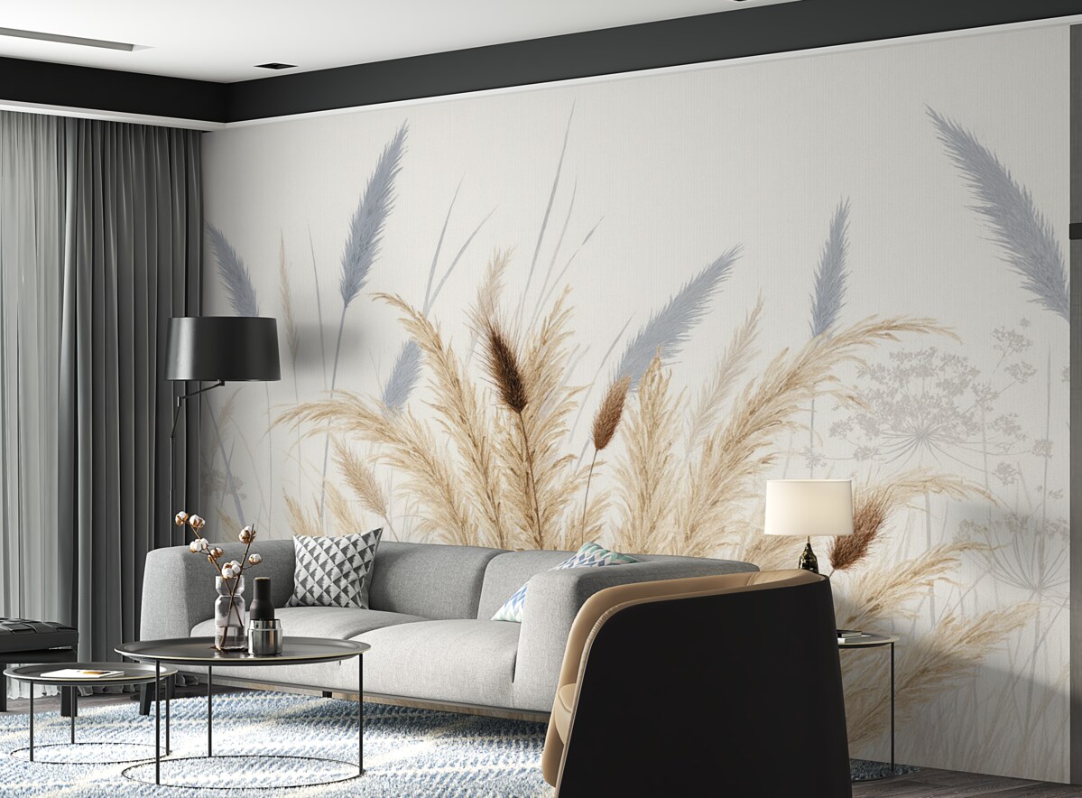 Fototapeta Wysokie źdźbła pszenicy oraz trawy z puszystymi białymi kwiatostanami na jasnym tle.