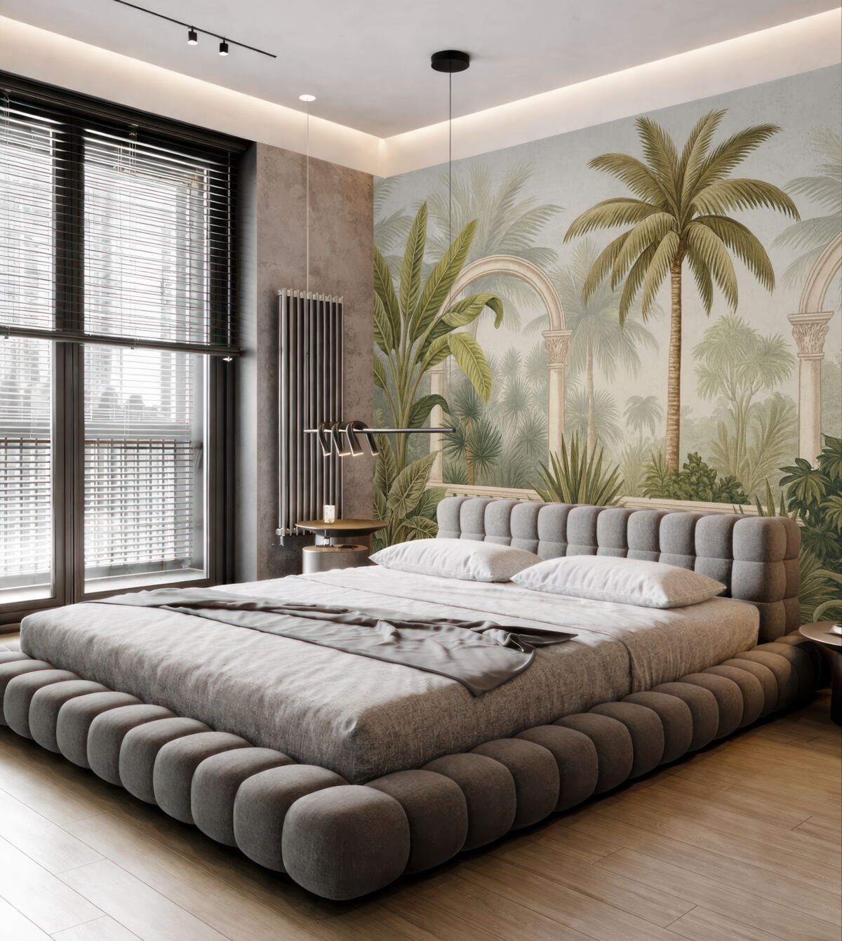 Fototapeta Łuki z tropikalną scenerią, gęstymi palmami oraz innymi liśćmi na jasnym tle.