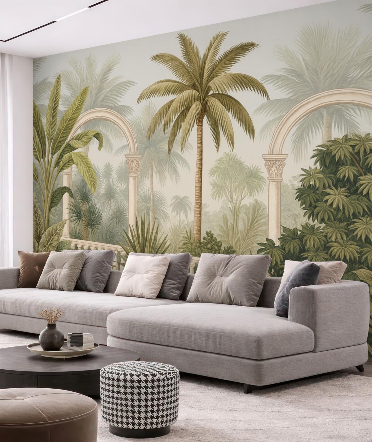 Fototapeta Łuki z tropikalną scenerią, gęstymi palmami oraz innymi liśćmi na jasnym tle.