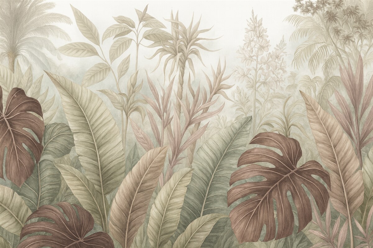Fototapeta Tropikalny las deszczowy z wielkimi liśćmi palm oraz egzotycznymi roślinami w tonacjach szarości, bieli i beżu.