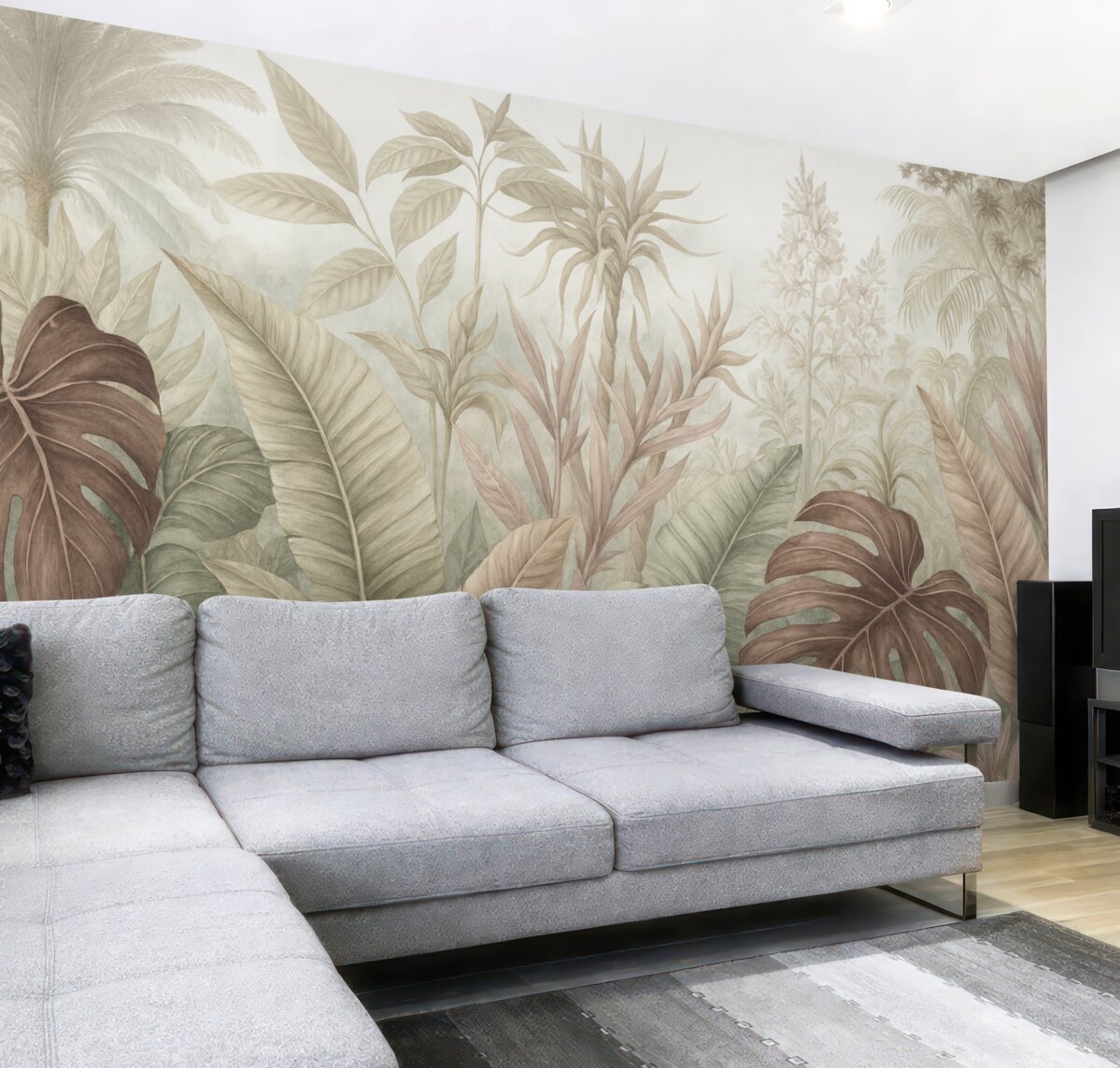 Fototapeta Tropikalny las deszczowy z wielkimi liśćmi palm oraz egzotycznymi roślinami w tonacjach szarości, bieli i beżu.