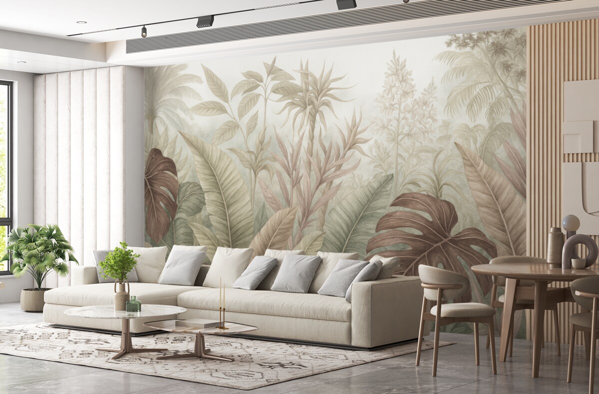 Fototapeta Tropikalny las deszczowy z wielkimi liśćmi palm oraz egzotycznymi roślinami w tonacjach szarości, bieli i beżu.