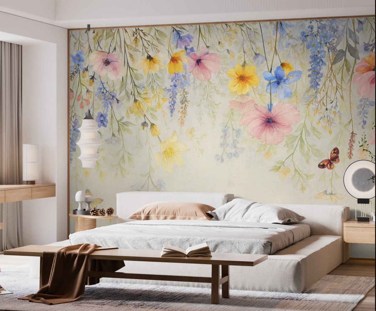 Fototapeta Kolorowe kwiaty o różowych, żółtych i niebieskich płatkach zwisające z góry na fakturowanym szarym tle.