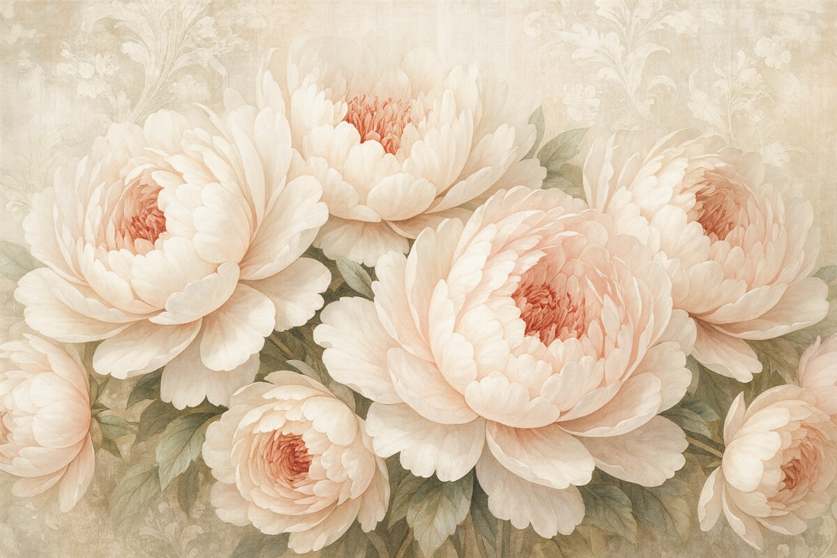 Fototapeta Delikatne, różowe piwonie z subtelnymi płatkami na jasnym, wzorzystym tle w stylu retro.