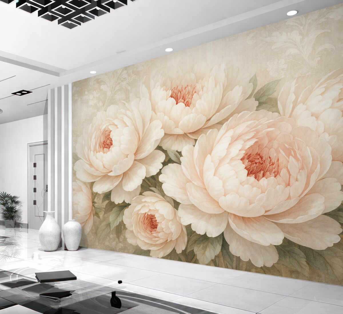 Fototapeta Delikatne, różowe piwonie z subtelnymi płatkami na jasnym, wzorzystym tle w stylu retro.