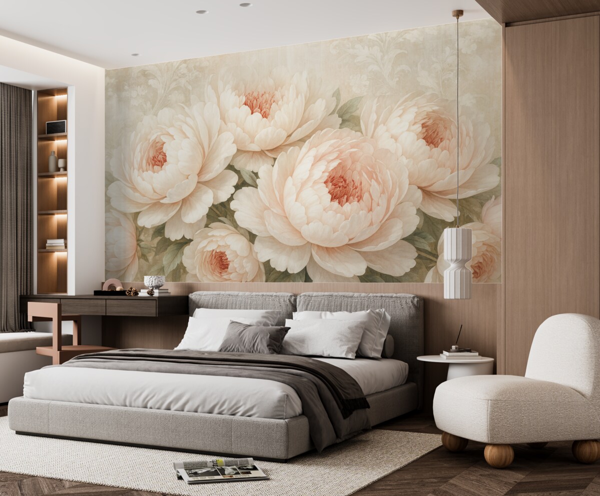 Fototapeta Delikatne, różowe piwonie z subtelnymi płatkami na jasnym, wzorzystym tle w stylu retro.