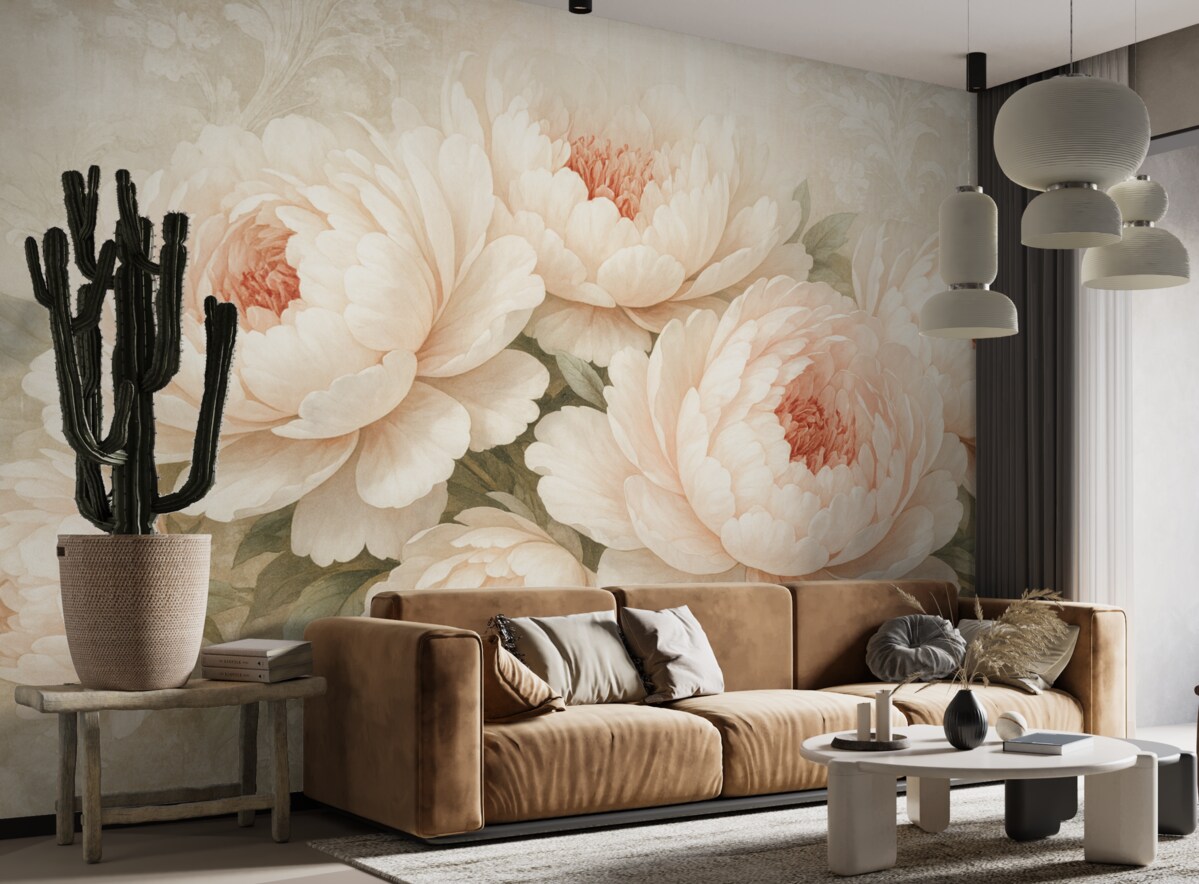 Fototapeta Delikatne, różowe piwonie z subtelnymi płatkami na jasnym, wzorzystym tle w stylu retro.