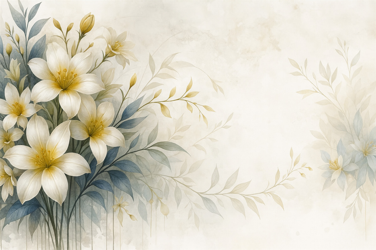 Fototapeta Biały, beżowy i niebieski zestaw kwiatów z subtelnymi liśćmi na łagodnym, rozmytym tła.