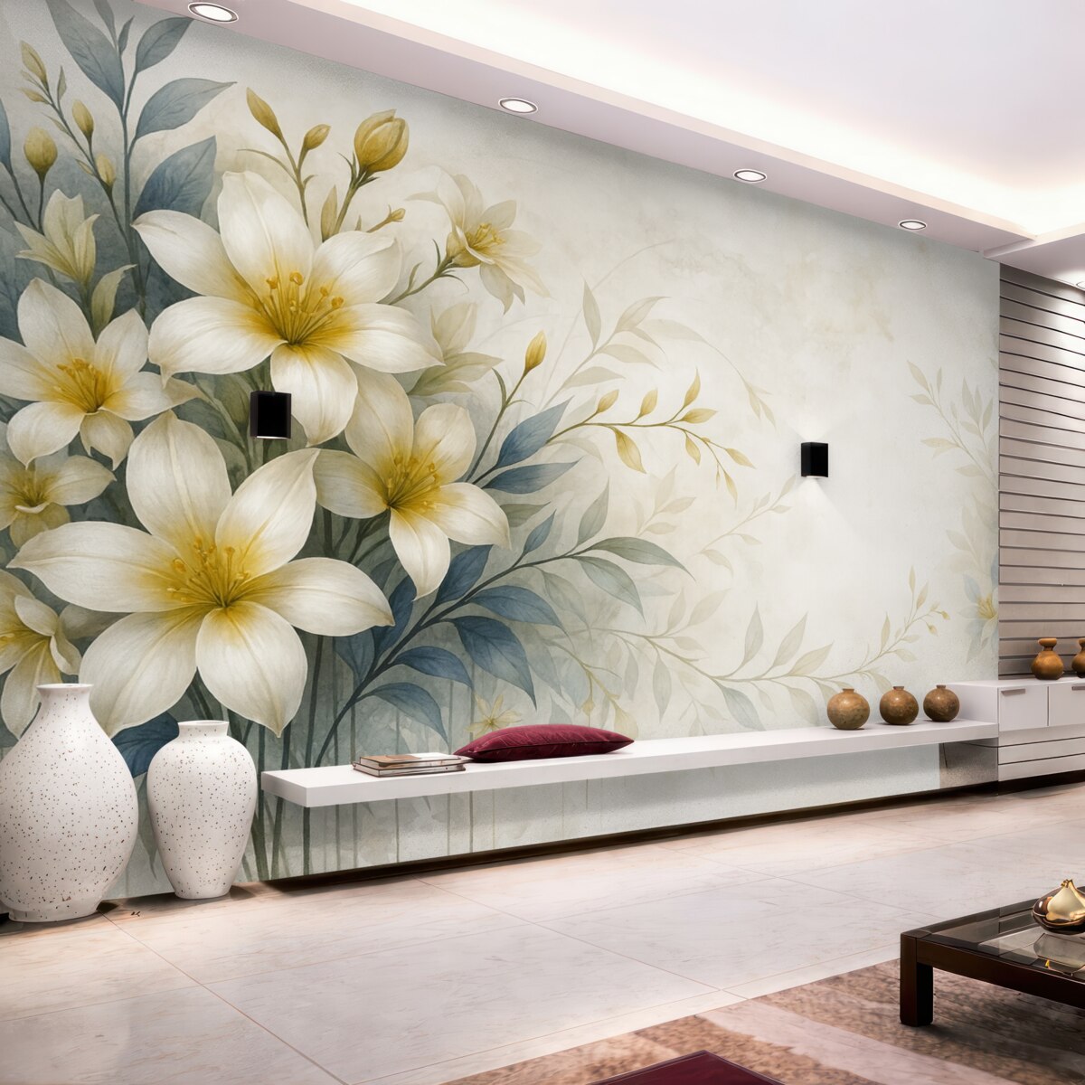 Fototapeta Biały, beżowy i niebieski zestaw kwiatów z subtelnymi liśćmi na łagodnym, rozmytym tła.