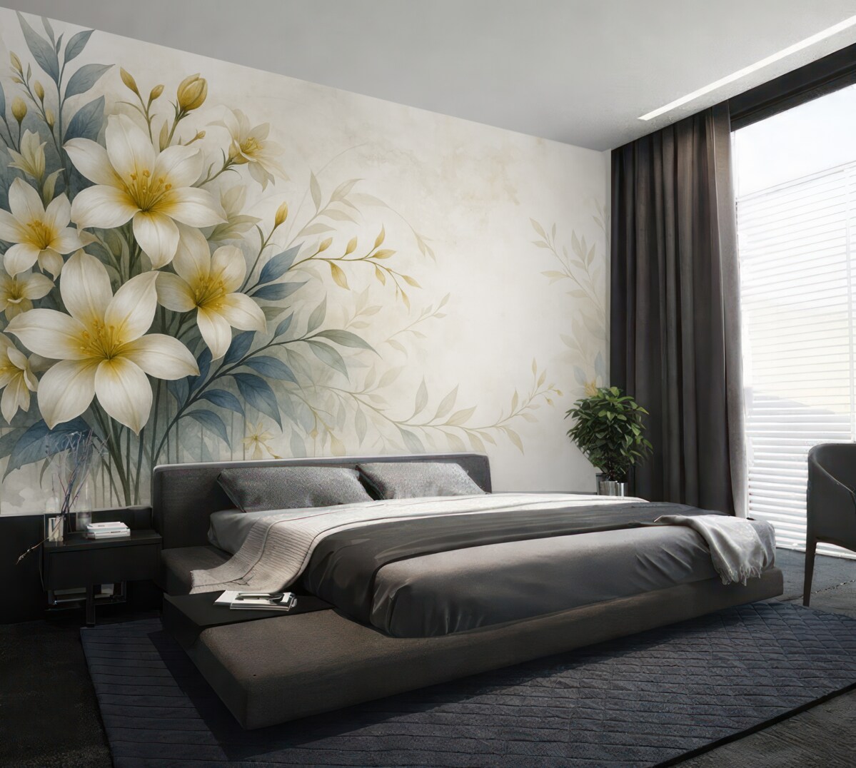 Fototapeta Biały, beżowy i niebieski zestaw kwiatów z subtelnymi liśćmi na łagodnym, rozmytym tła.