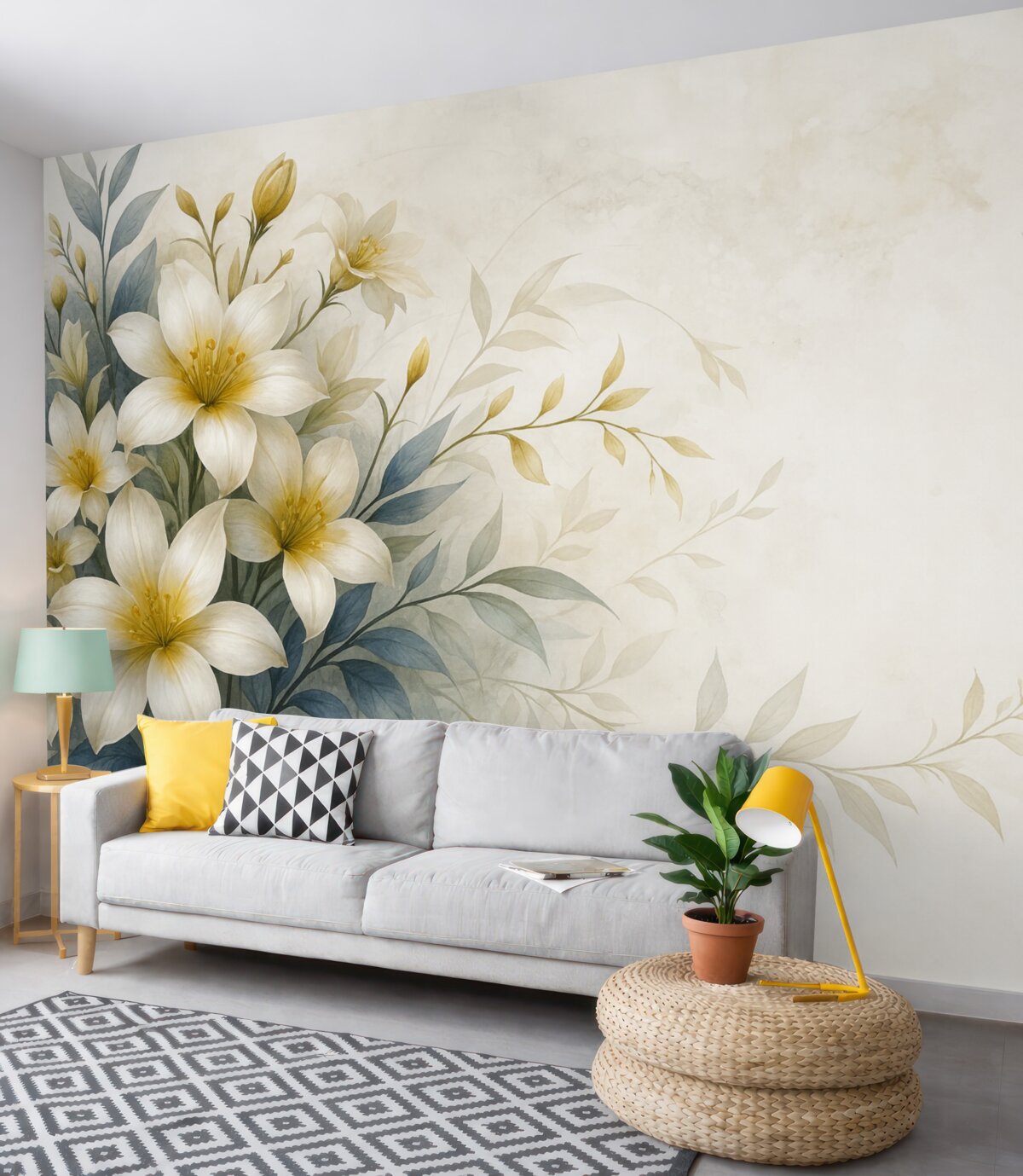 Fototapeta Biały, beżowy i niebieski zestaw kwiatów z subtelnymi liśćmi na łagodnym, rozmytym tła.