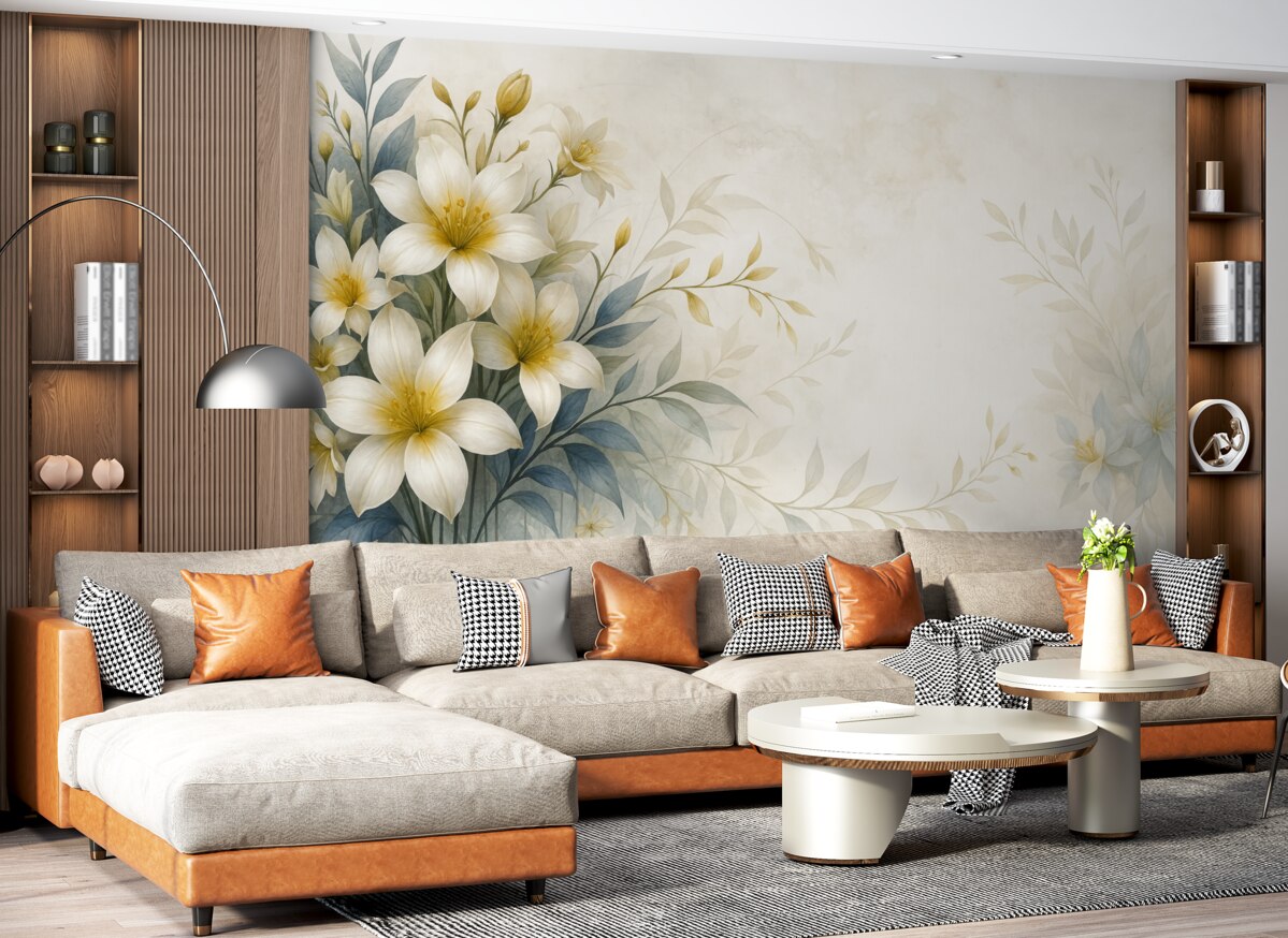 Fototapeta Biały, beżowy i niebieski zestaw kwiatów z subtelnymi liśćmi na łagodnym, rozmytym tła.