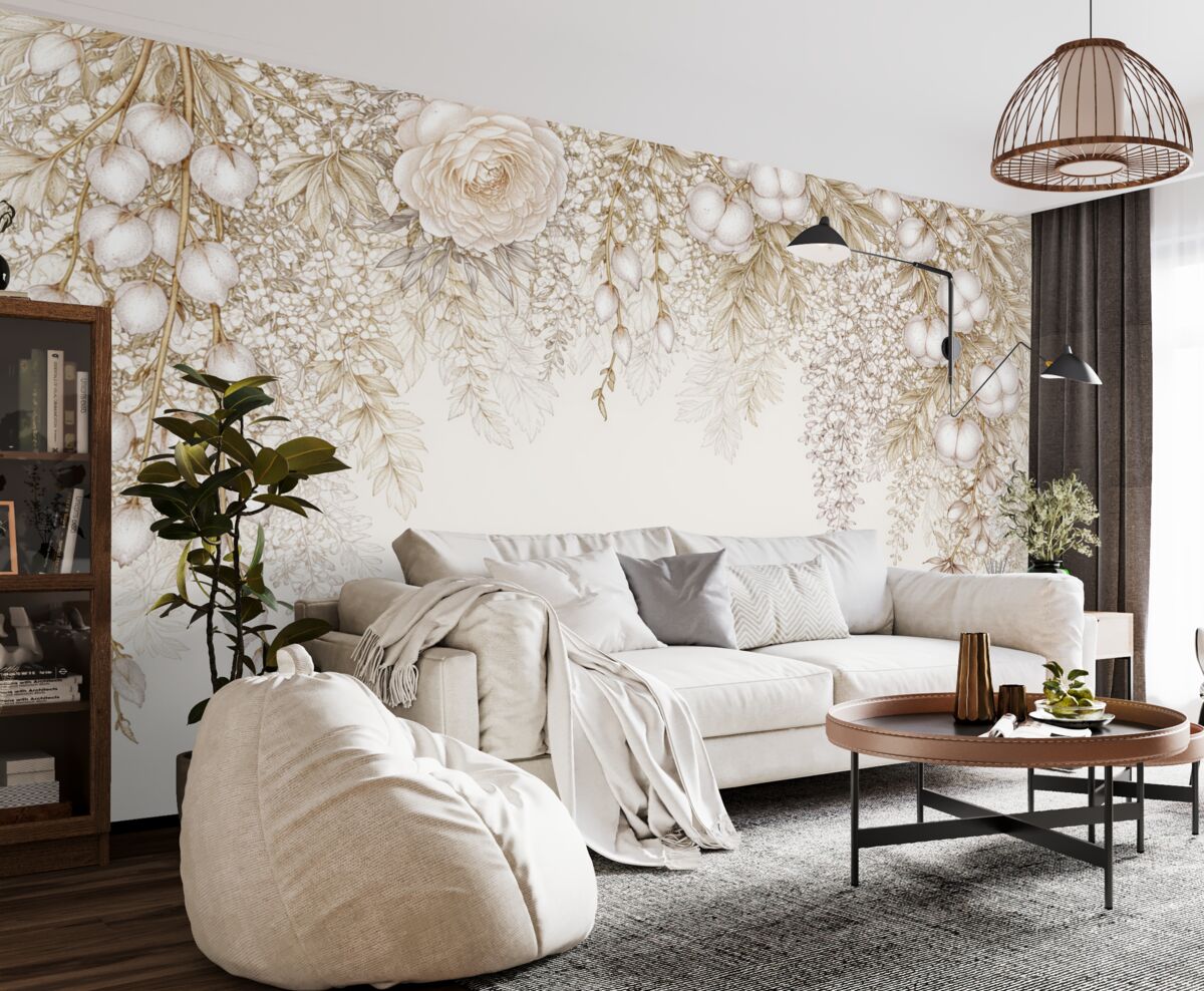 Fototapeta Tropikalne kwiaty z palmowymi liśćmi, paprociami oraz innymi bogatymi liśćmi w odcieniach beżu, żółci i bieli.