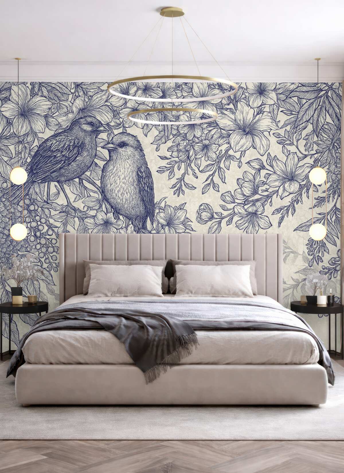 Fototapeta Szczegółowy nadruk roślinny z ptakami oraz różnorodnymi kwiatami i liśćmi w tonacjach błękitu i bieli.