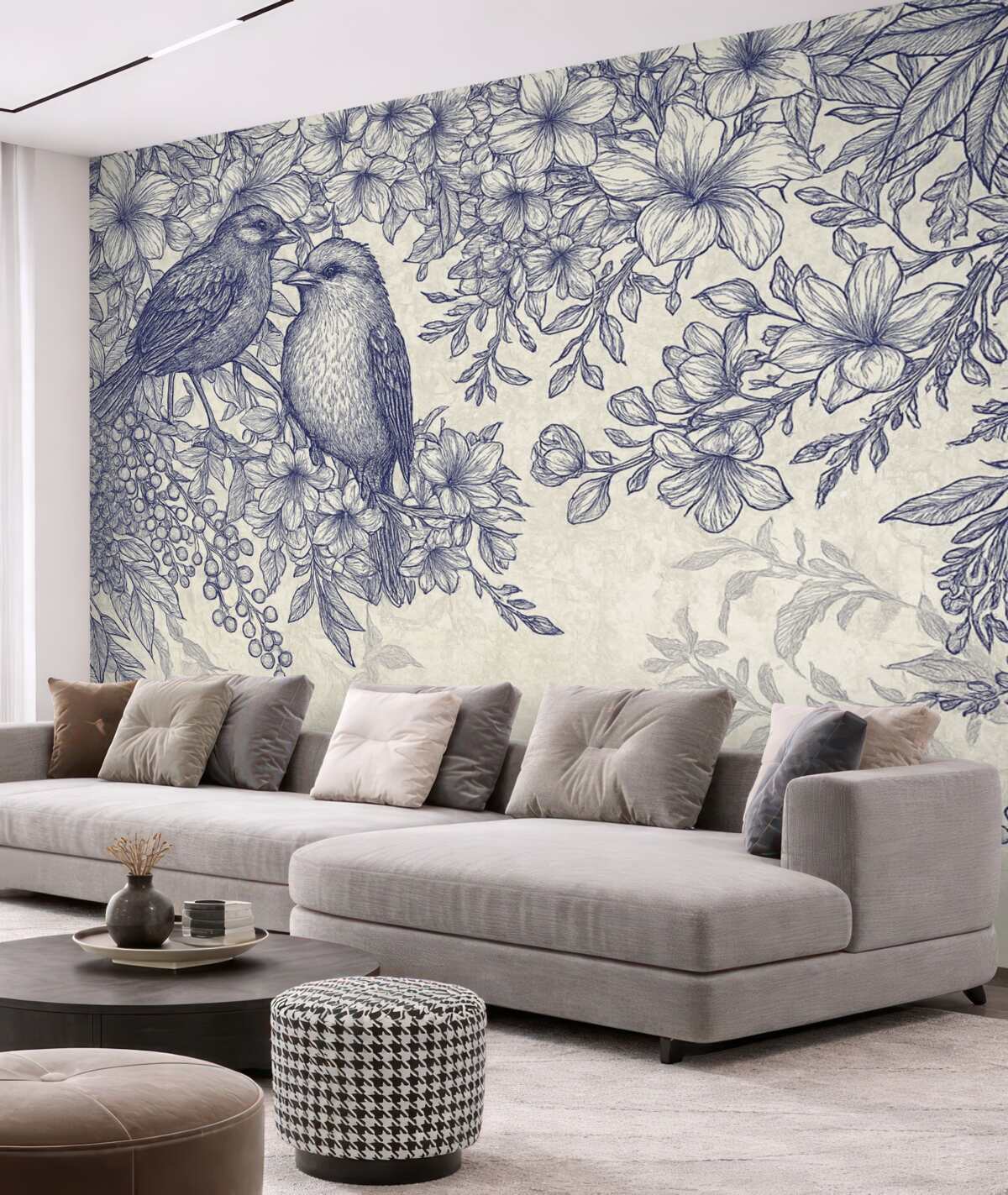 Fototapeta Szczegółowy nadruk roślinny z ptakami oraz różnorodnymi kwiatami i liśćmi w tonacjach błękitu i bieli.