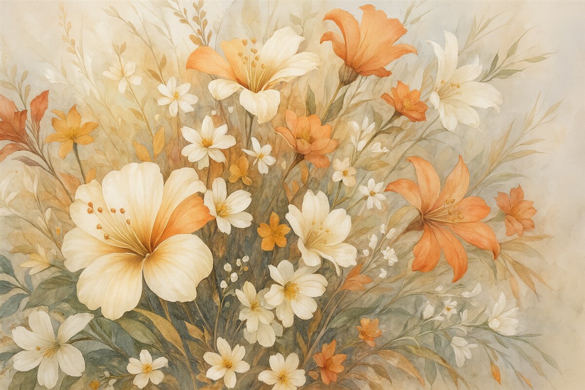 Fototapeta Delikatna, pastelowa kompozycja kwiatów z subtelnymi białymi i pomarańczowymi roślinami na jasnym tle.