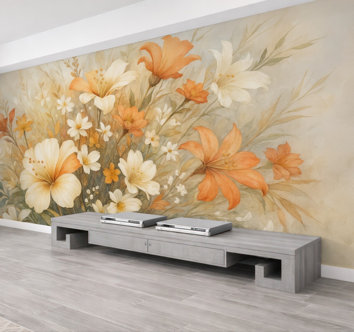 Fototapeta Delikatna, pastelowa kompozycja kwiatów z subtelnymi białymi i pomarańczowymi roślinami na jasnym tle.