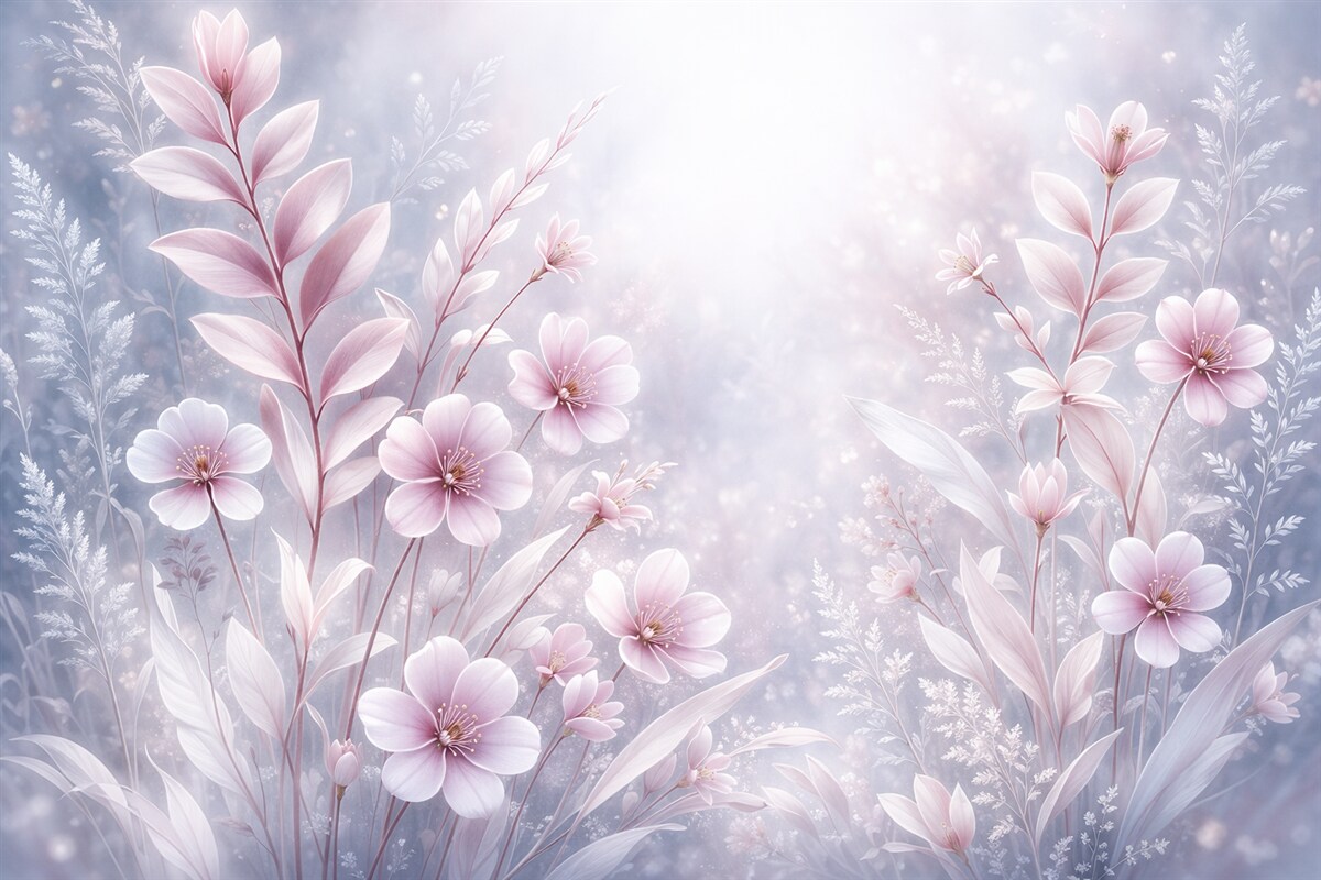 Fototapeta Subtelne różowe kwiaty oraz rośliny z delikatnymi płatkami i liśćmi na jasnoszarym abstrakcyjnym tle.