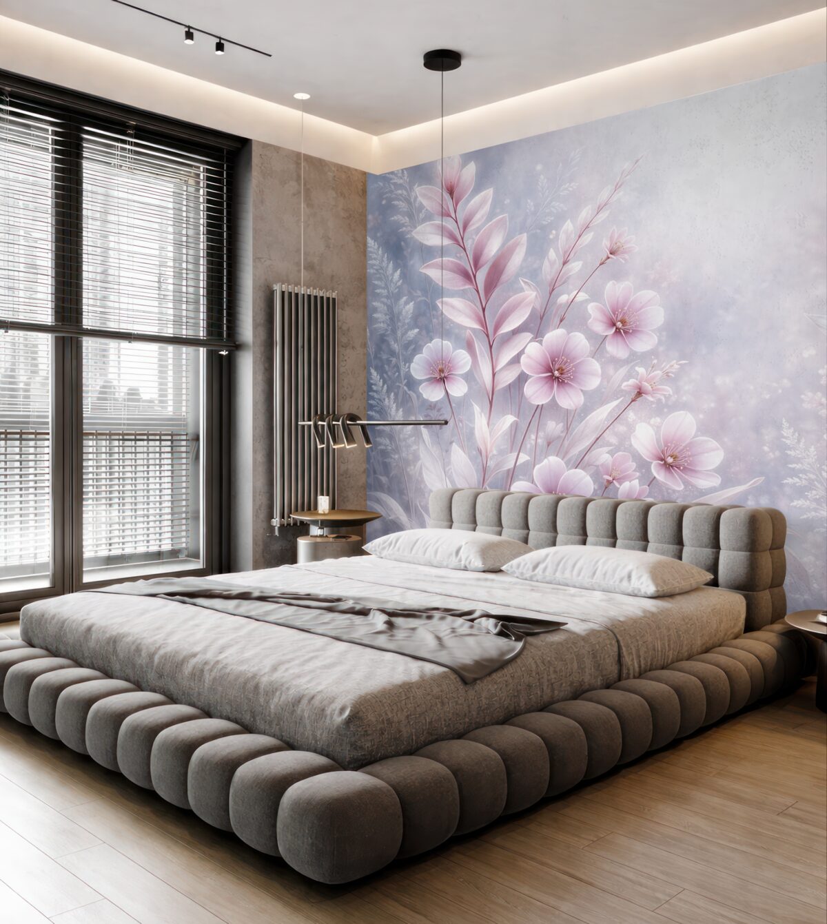 Fototapeta Subtelne różowe kwiaty oraz rośliny z delikatnymi płatkami i liśćmi na jasnoszarym abstrakcyjnym tle.