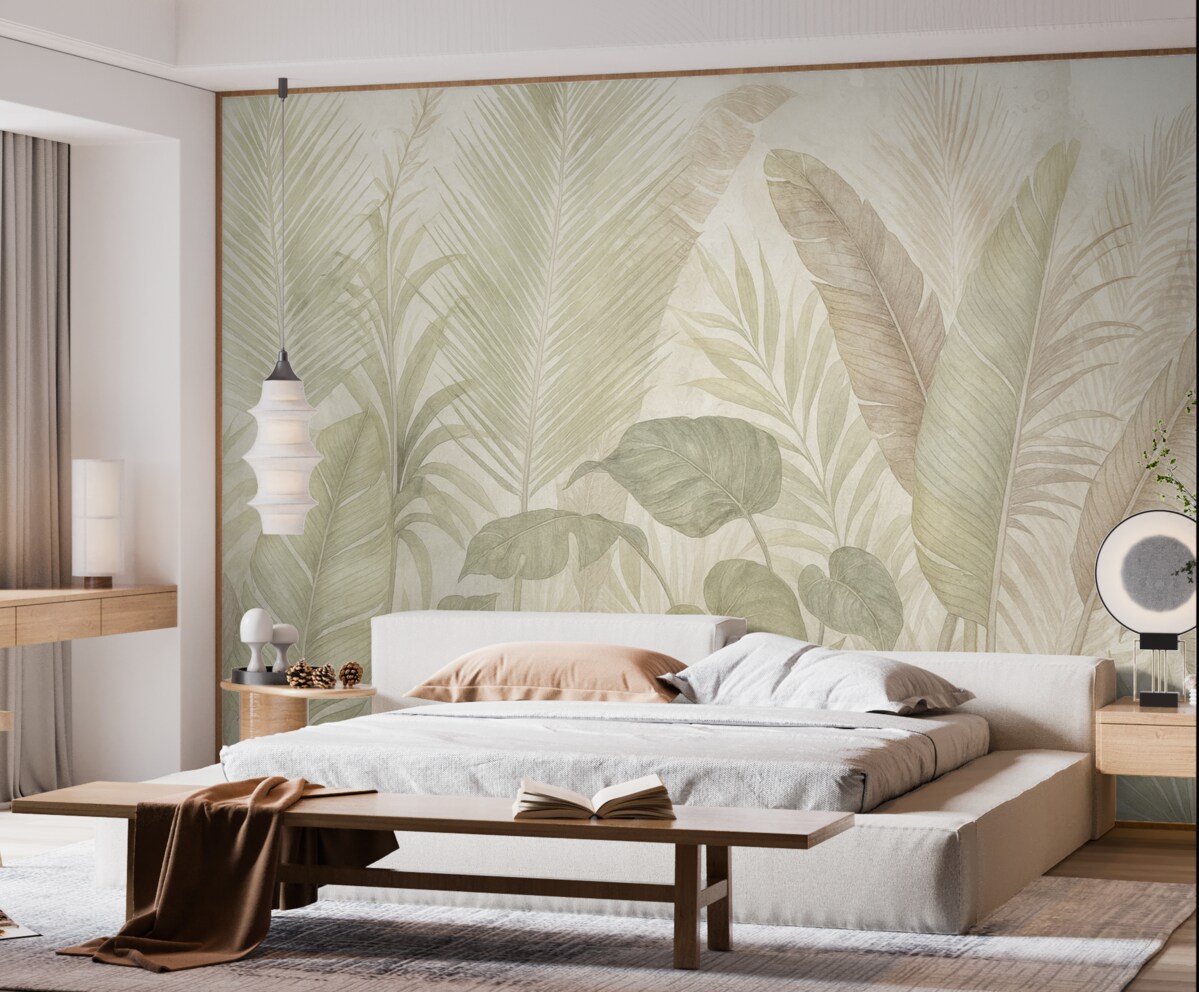 Fototapeta Tropikalne liście palmowe w subtelnych pastelowych odcieniach, z rozproszonym i zamglonym teksturowanym tłem.