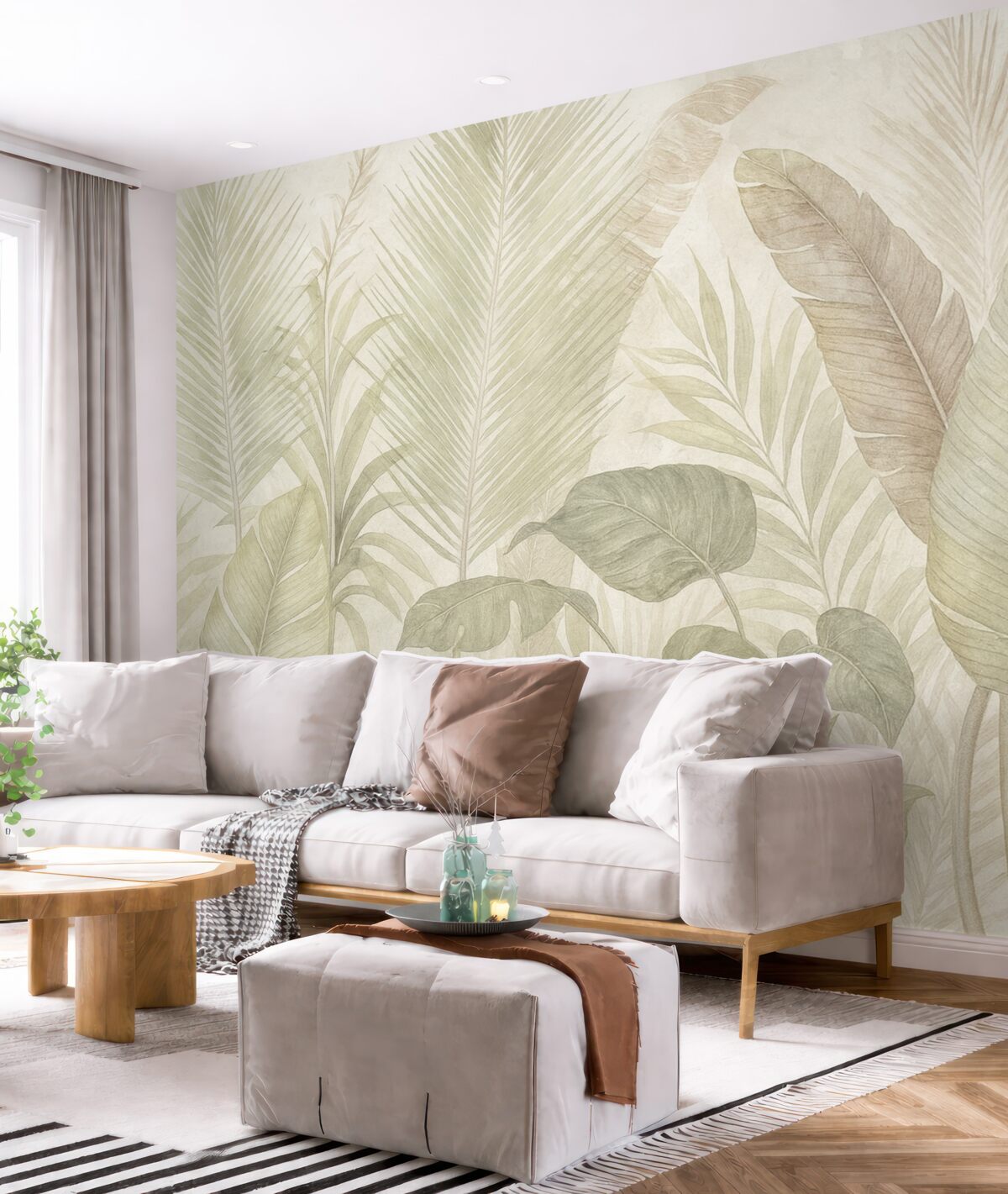 Fototapeta Tropikalne liście palmowe w subtelnych pastelowych odcieniach, z rozproszonym i zamglonym teksturowanym tłem.