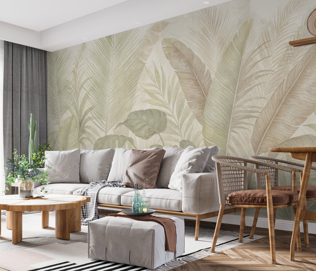 Fototapeta Tropikalne liście palmowe w subtelnych pastelowych odcieniach, z rozproszonym i zamglonym teksturowanym tłem.