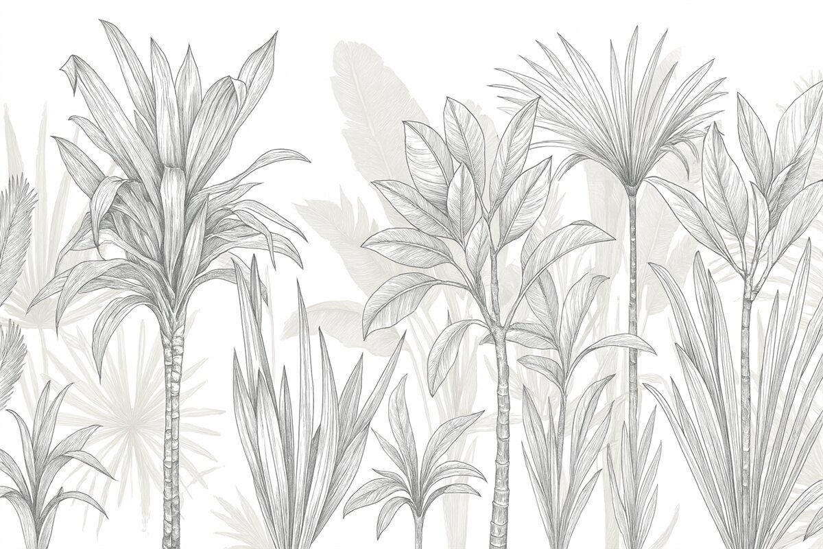 Fototapeta Tropikalna ilustracja roślin z dużymi, soczystymi liśćmi oraz kwiatami w odcieniach szarości i bieli z kwiatowymi zielonymi konturami.