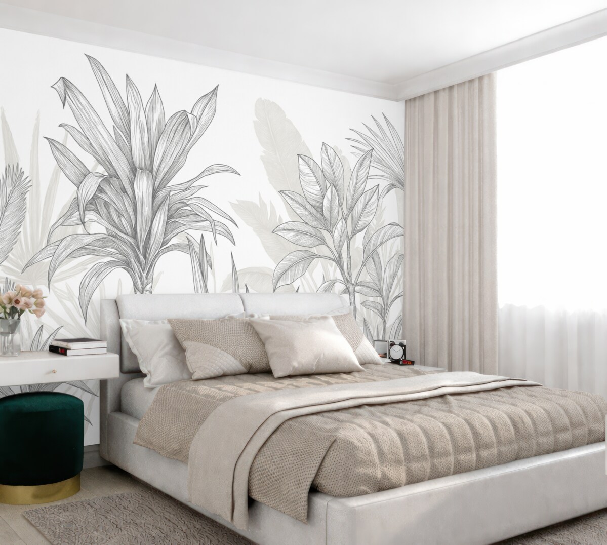 Fototapeta Tropikalna ilustracja roślin z dużymi, soczystymi liśćmi oraz kwiatami w odcieniach szarości i bieli z kwiatowymi zielonymi konturami.