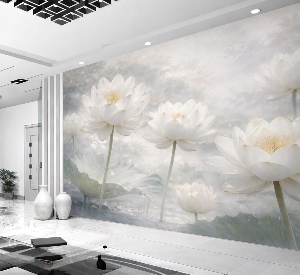 Fototapeta Białe kwiaty lotosu na mglistym, eterycznym, abstrakcyjnym pastelowym tle pejzażu.