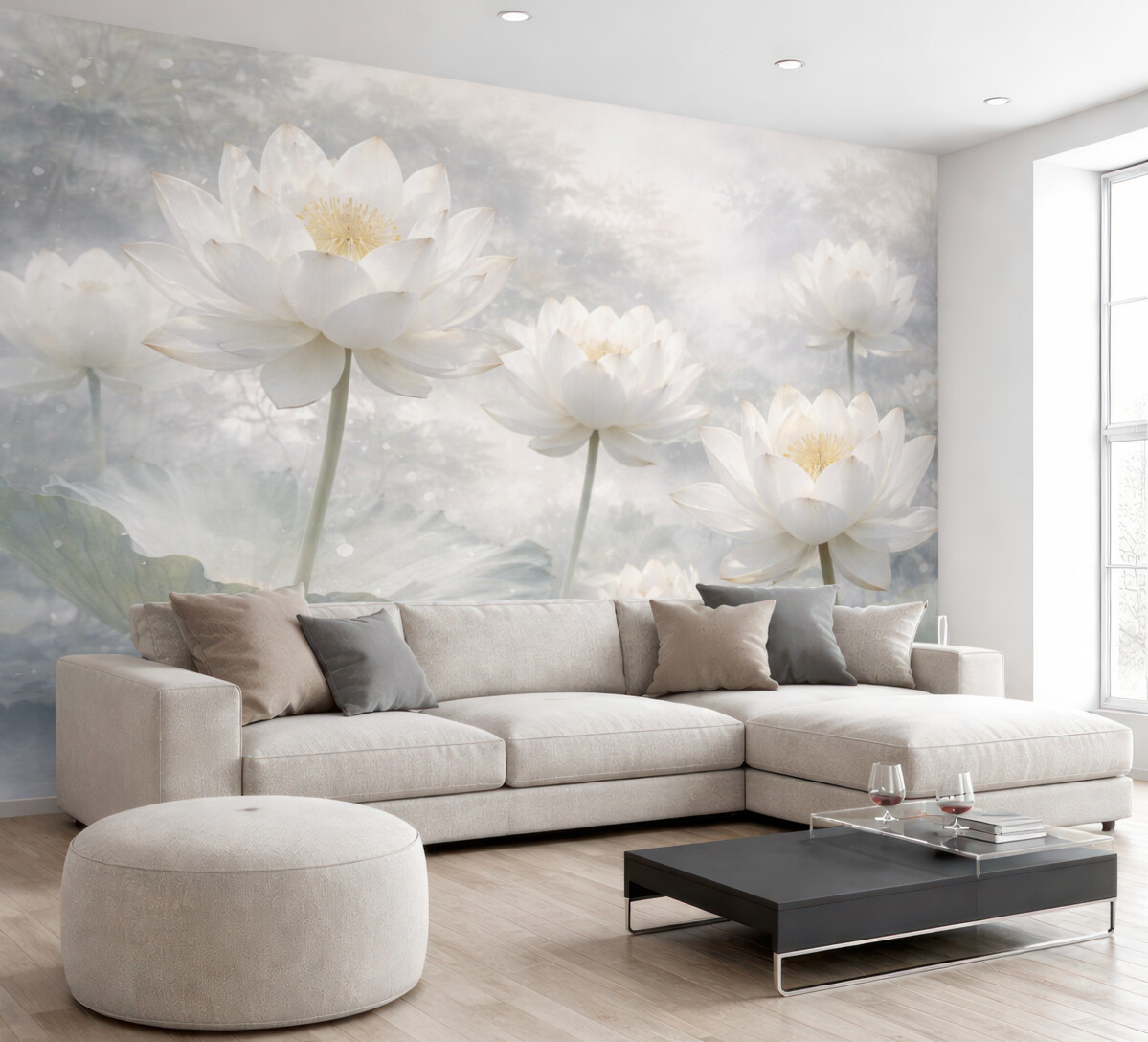 Fototapeta Białe kwiaty lotosu na mglistym, eterycznym, abstrakcyjnym pastelowym tle pejzażu.
