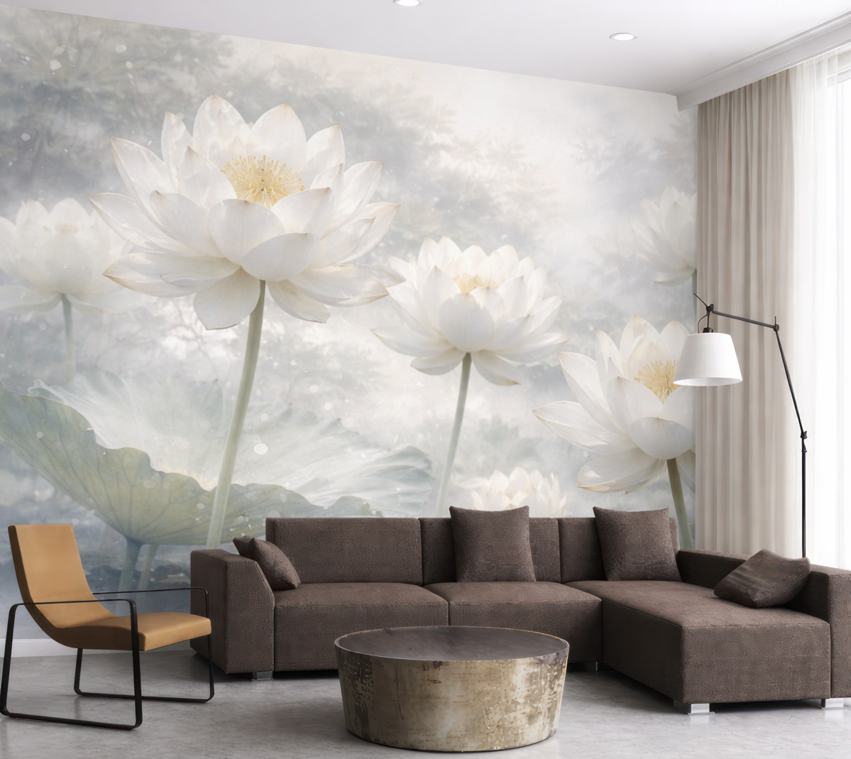 Fototapeta Białe kwiaty lotosu na mglistym, eterycznym, abstrakcyjnym pastelowym tle pejzażu.