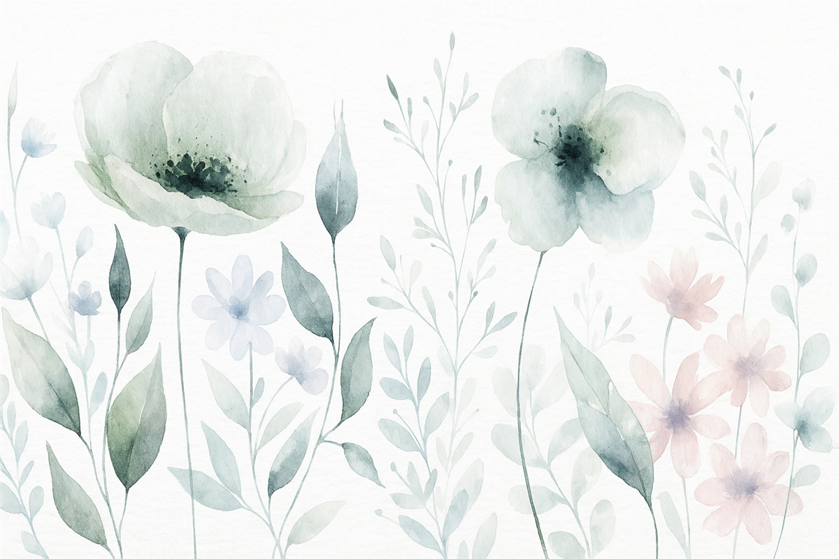 Fototapeta Pastelowe akwarelowe kwiaty z subtelnymi płatkami i liśćmi, w odcieniach szarości, bieli oraz jasnego różu na białym tle.