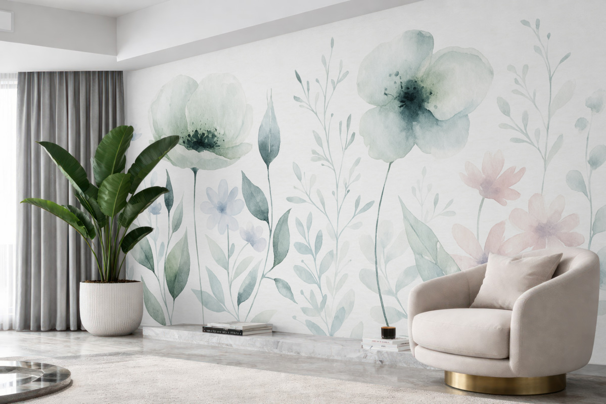 Fototapeta Pastelowe akwarelowe kwiaty z subtelnymi płatkami i liśćmi, w odcieniach szarości, bieli oraz jasnego różu na białym tle.