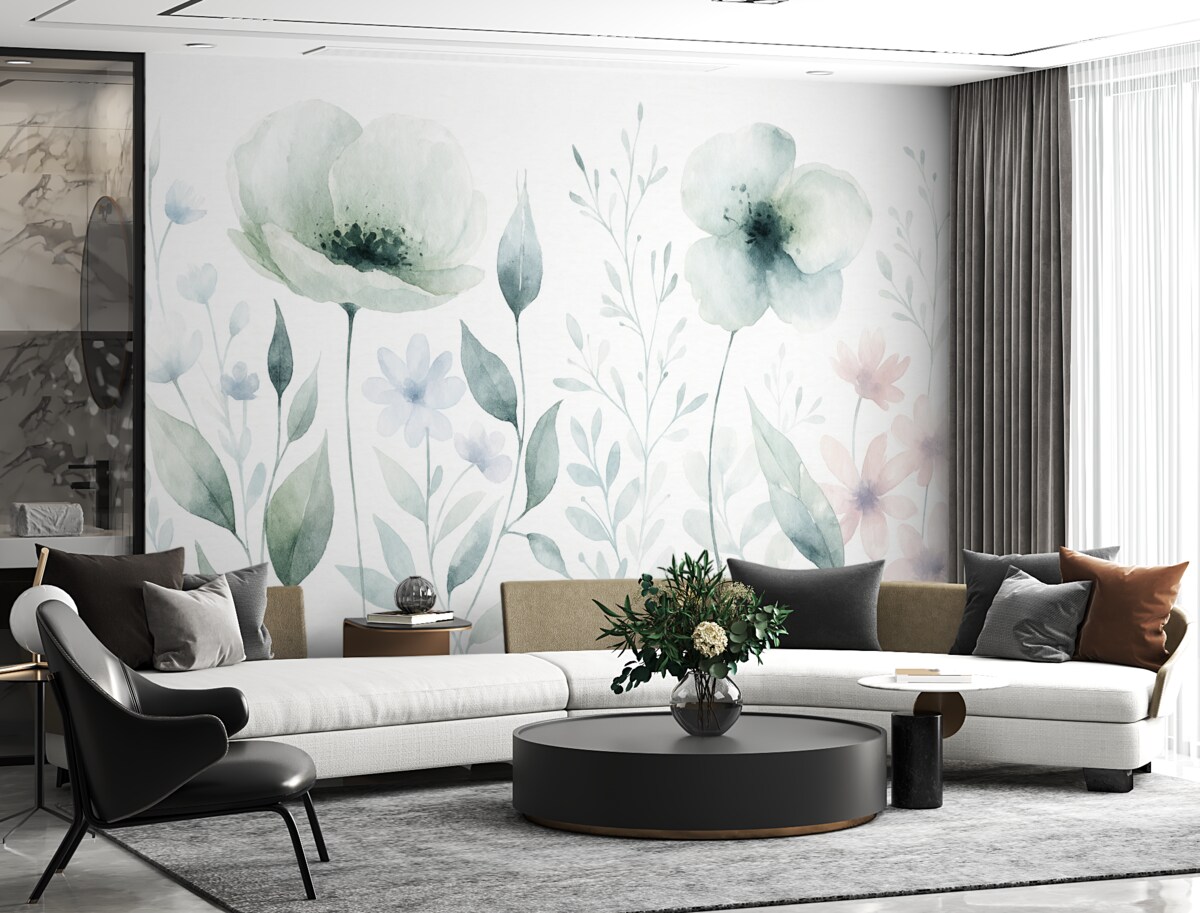 Fototapeta Pastelowe akwarelowe kwiaty z subtelnymi płatkami i liśćmi, w odcieniach szarości, bieli oraz jasnego różu na białym tle.