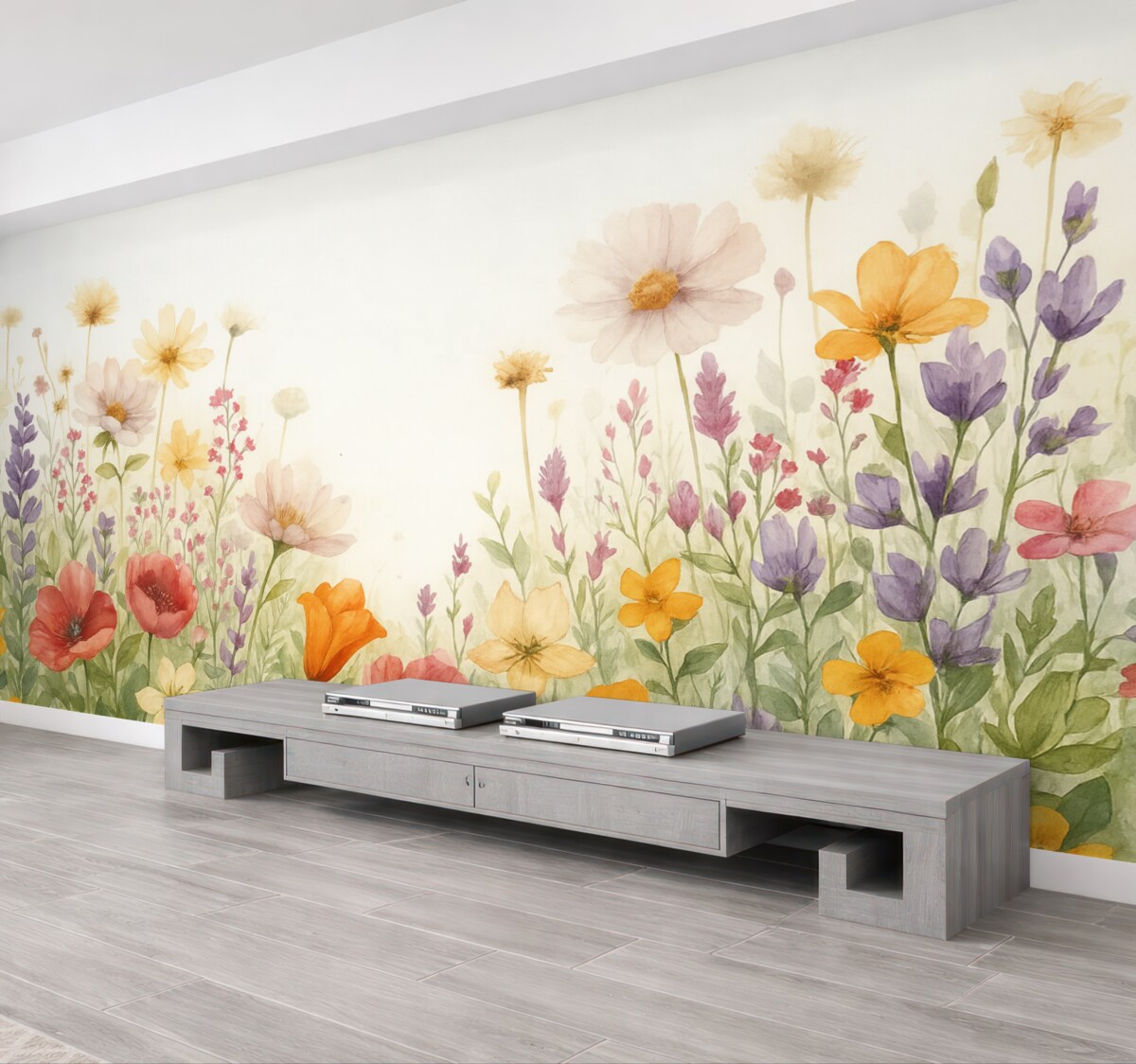 Fototapeta Łąka barwnych abstrakcyjnych pola kwiatów, w tym maków, stokrotek i innych kwitnących roślin na jasnym tle.