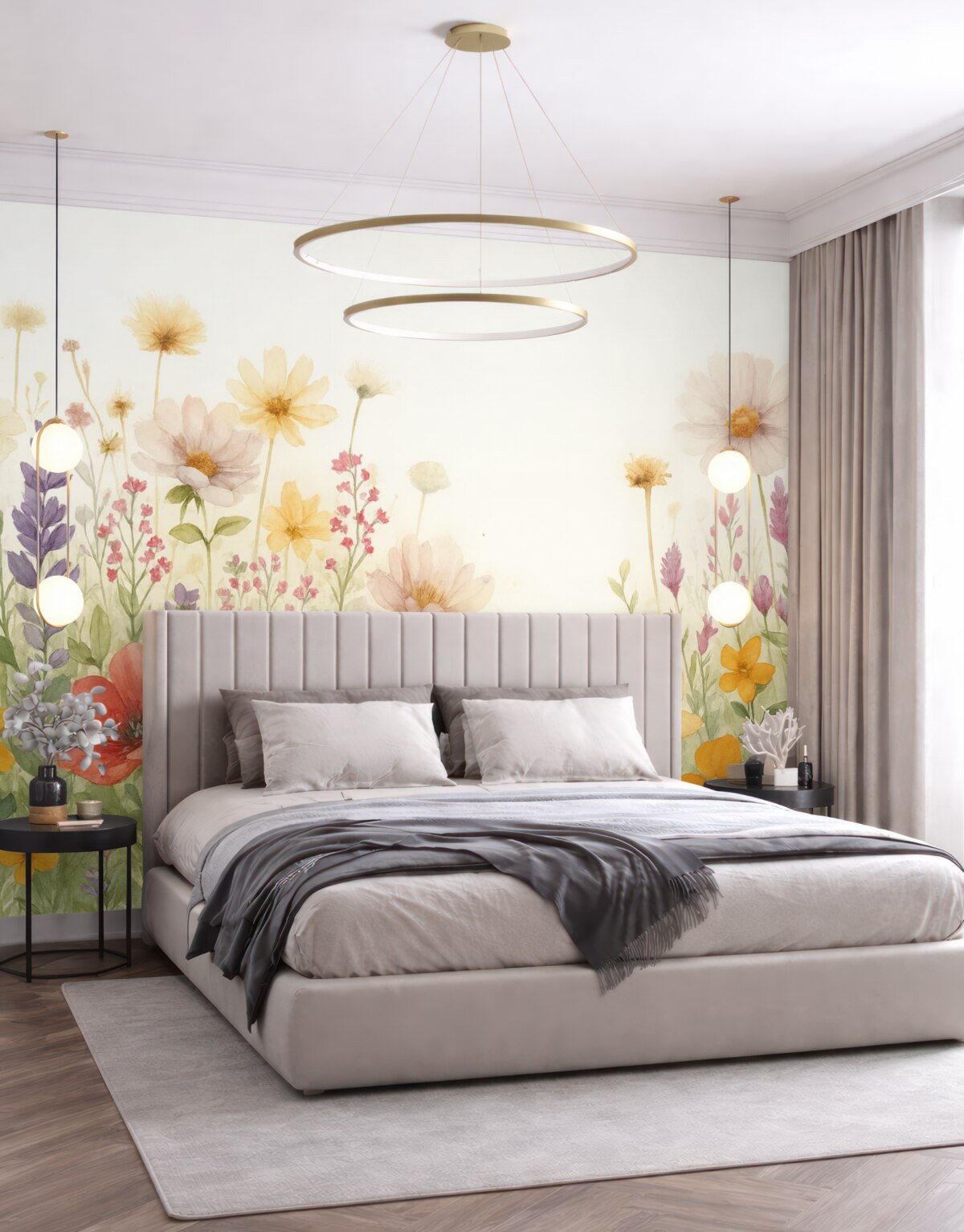 Fototapeta Łąka barwnych abstrakcyjnych pola kwiatów, w tym maków, stokrotek i innych kwitnących roślin na jasnym tle.