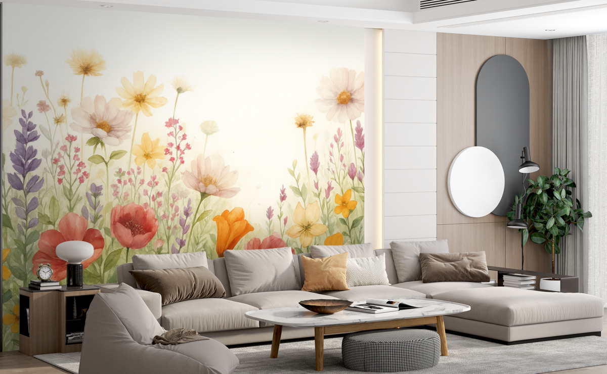 Fototapeta Łąka barwnych abstrakcyjnych pola kwiatów, w tym maków, stokrotek i innych kwitnących roślin na jasnym tle.