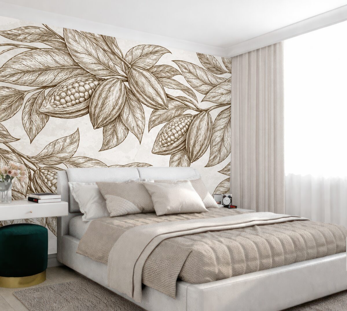 Fototapeta Dokładny rysunek liści kakaowca oraz liści w naturalnym, organicznym druku.